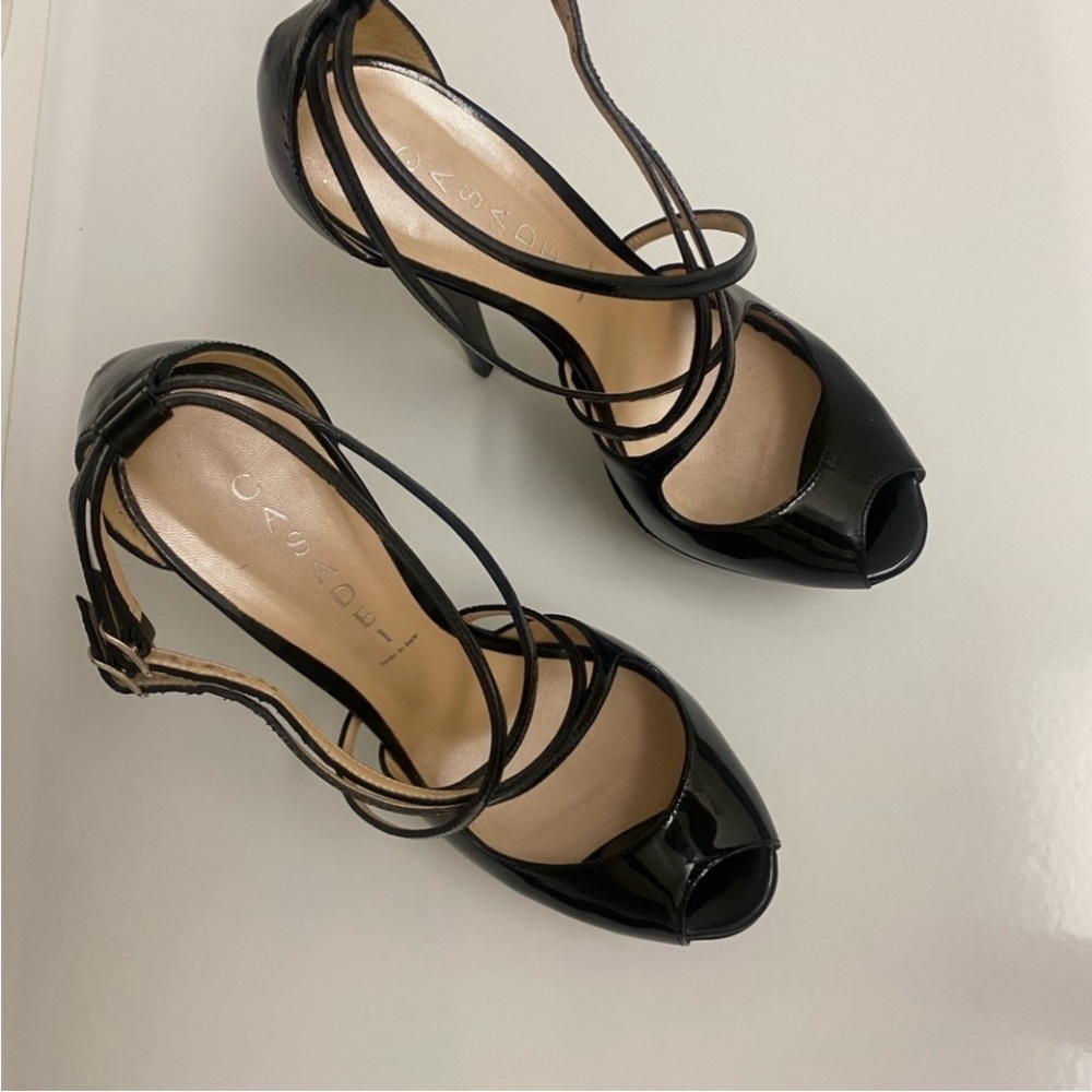 CASADEI Women's  Black Patent Leather Strappy Platform Heels Size 9.5